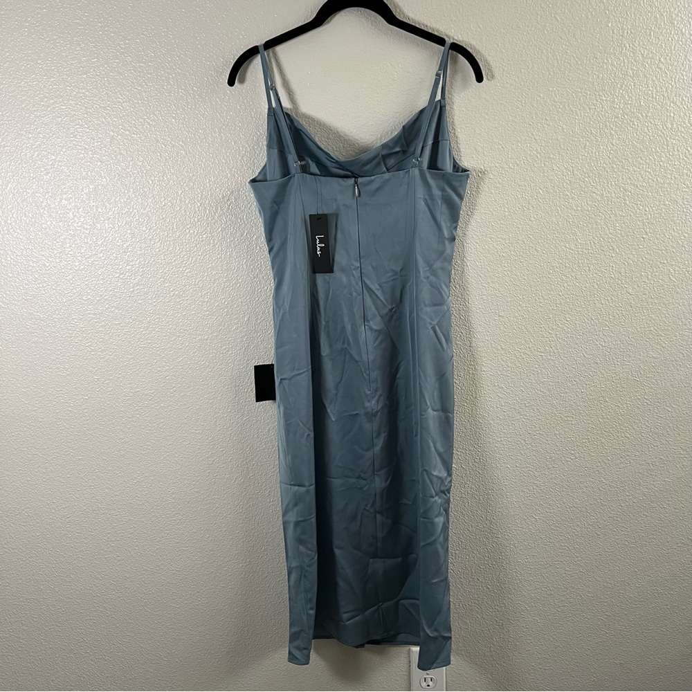 NWT Lulus Hollywood Woman Dusty Blue Satin Midi Dress MD - Picture 7 of 9